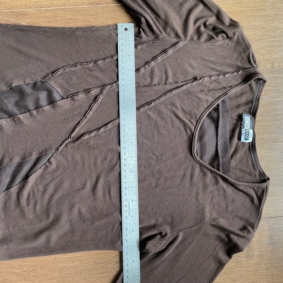 Long Sleeve Tee Dressy. Top Sheer Neck, Raw Seems, Flattering Criss Cross - Picture 8 of 10